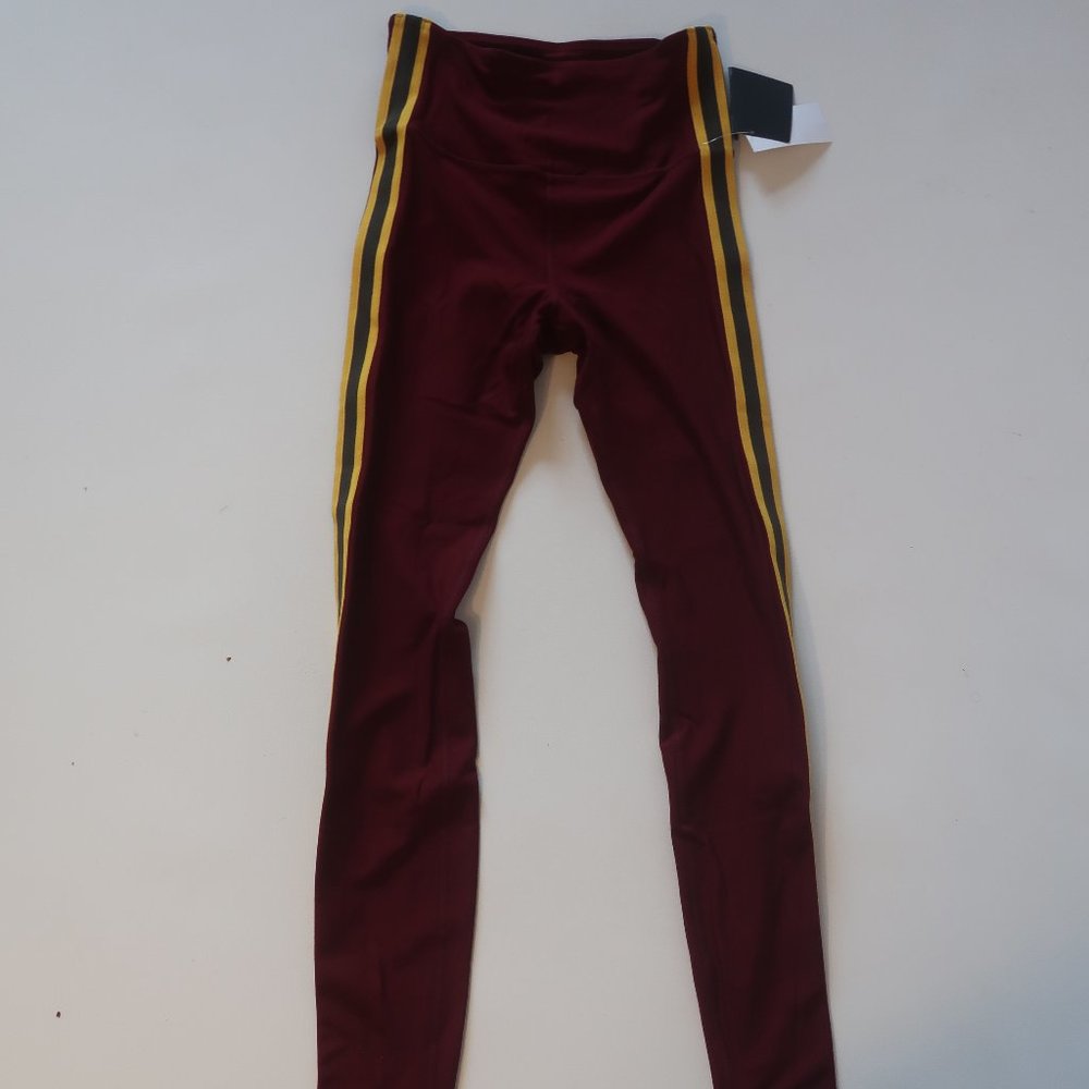 NWT Womens NYLORA X Bandier Burgundy Mustard Yellow Brown Stripe Leggings XS *
